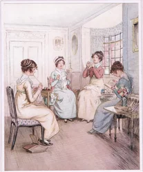 Miss Fanny liest laut aus dem Bibliotheksbuch vor, während andere nähen oder stricken